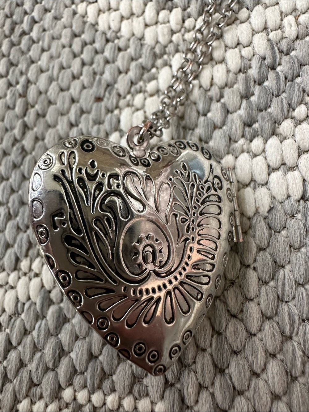 Silver Heart Locket Necklace - Intricate Floral Engraving
